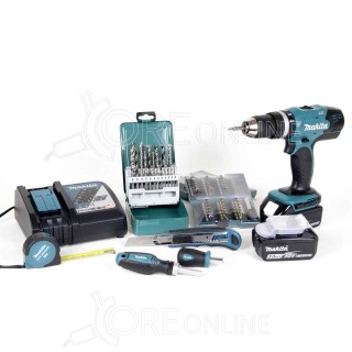 Trapano avvitatore con percussione Makita® DHP453RFX2 + valigetta con 96 accessori